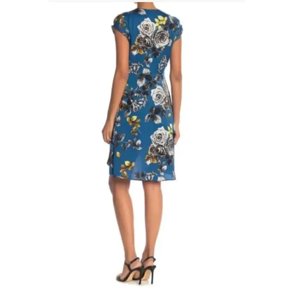 NWT RACHEL Rachel Roy Teal Blue Pierfce Floral Surplus Dress Size 8 - Picture 2 of 10